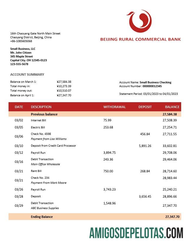 Imprimível Beijing Rural Commercial Bank Company Statement Modelo Word e PDF